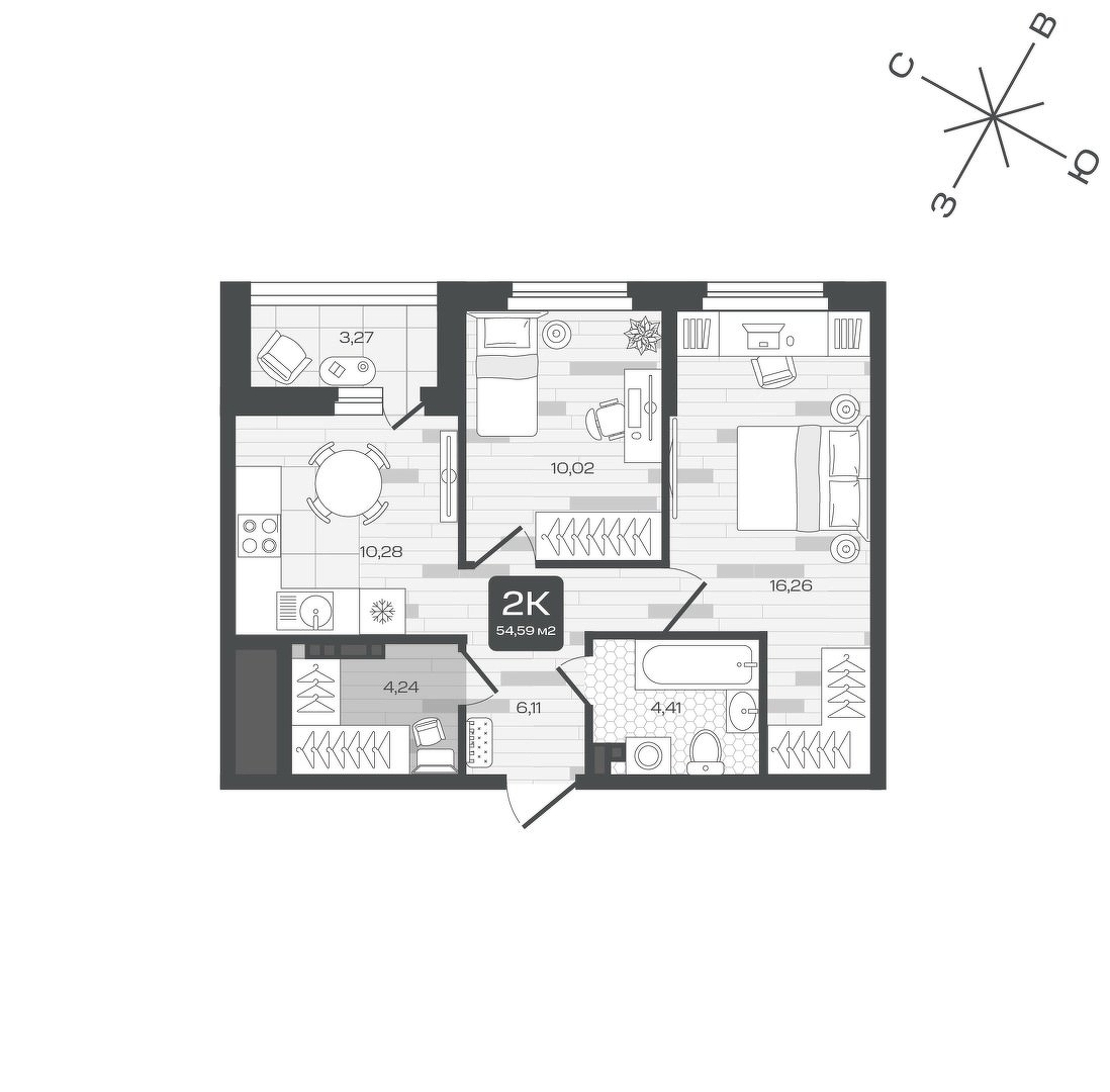 Планировка: 2-комнатная 54.6 м² в ЖК Дабл-Дабл, От Слободы до Комарово парк