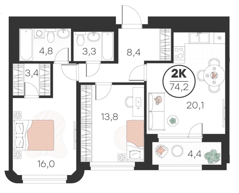 Планировка: Евротрешка 74.2 м² в ЖК Добро, 5-й Заречный