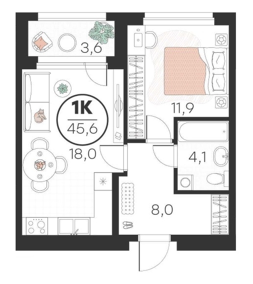 Планировка: Евродвушка 45.6 м² в ЖК Добро, 5-й Заречный