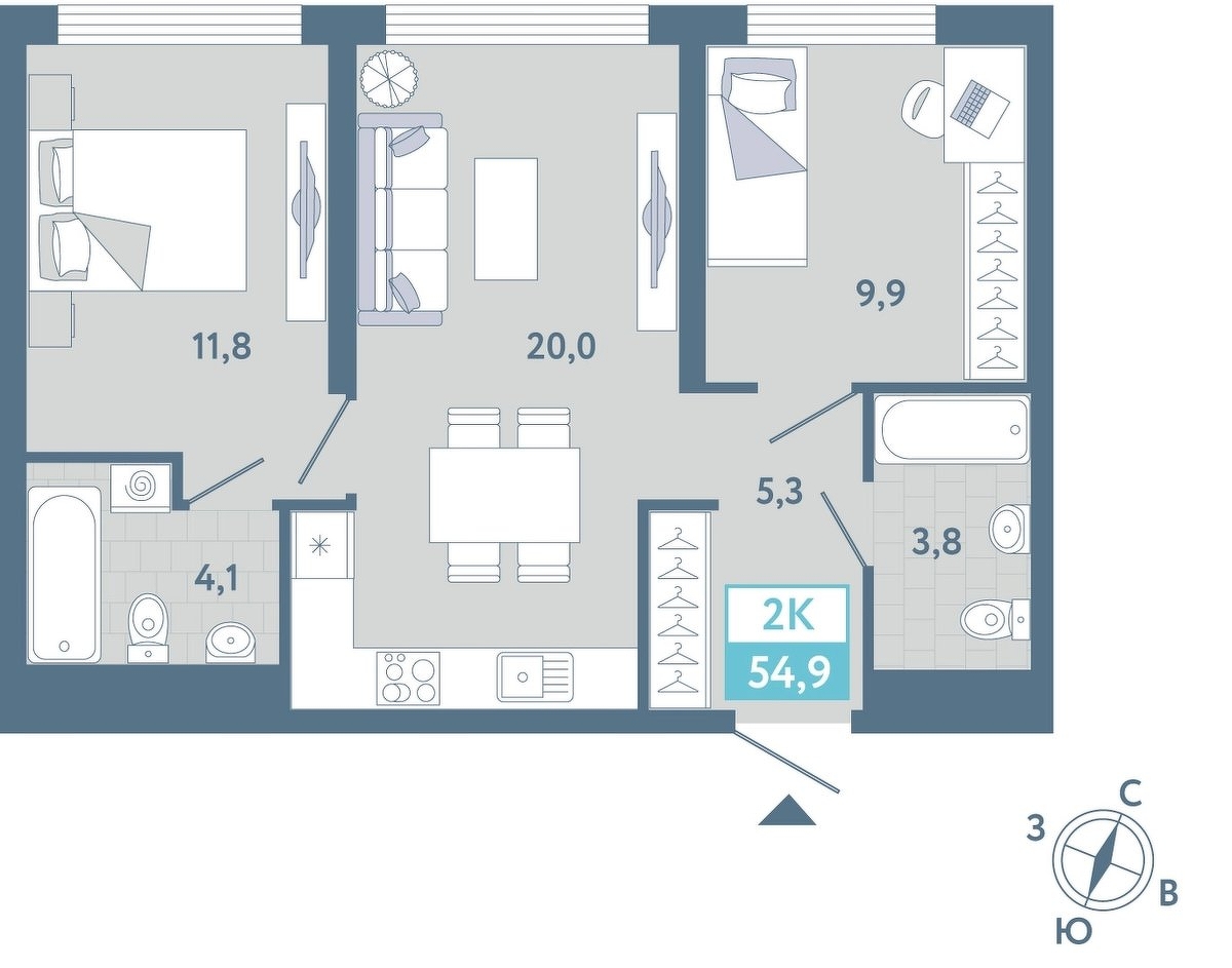 Планировка: Евротрешка 54.9 м² в ЖК AIRIS, Комарово Парк