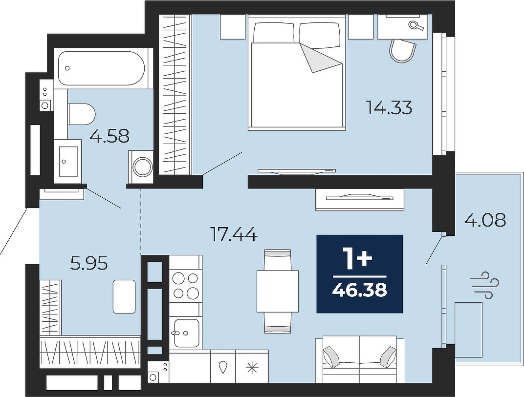 Планировка: Евродвушка 42.3 м² в ЖК Прео, Тюменская слобода