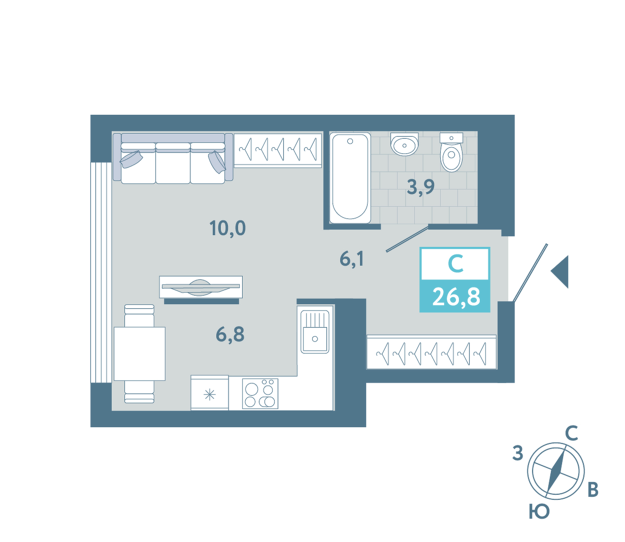 Планировка: Студия 26.8 м² в ЖК AIRIS, Комарово Парк