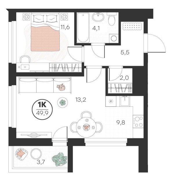 Планировка: Евродвушка 49.9 м² в ЖК Добро, 5-й Заречный