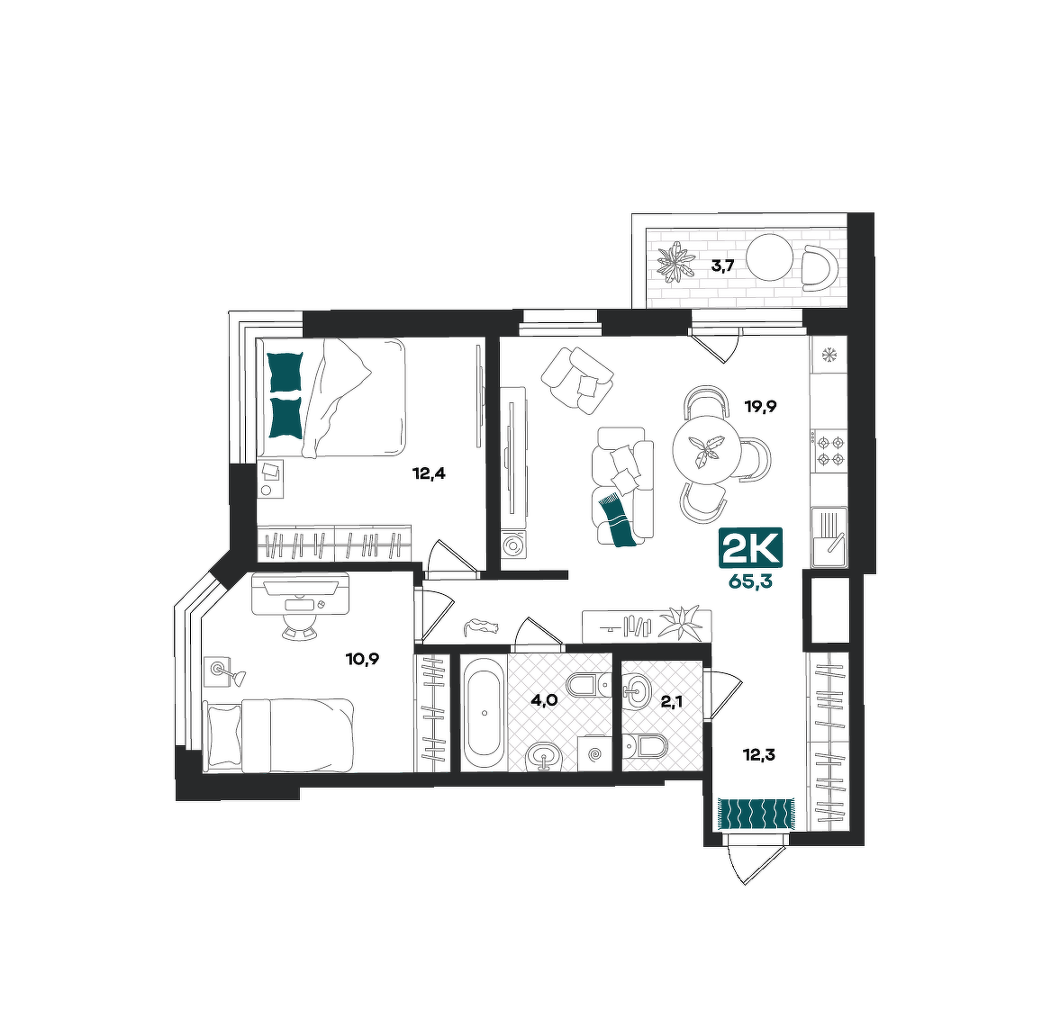 Планировка: Евротрешка 65.3 м² в ЖК Добро, 5-й Заречный