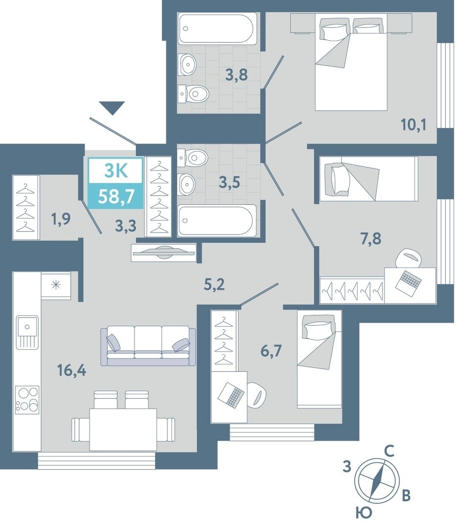 Планировка: Формат уточняется 58.7 м² в ЖК AIRIS, Комарово Парк