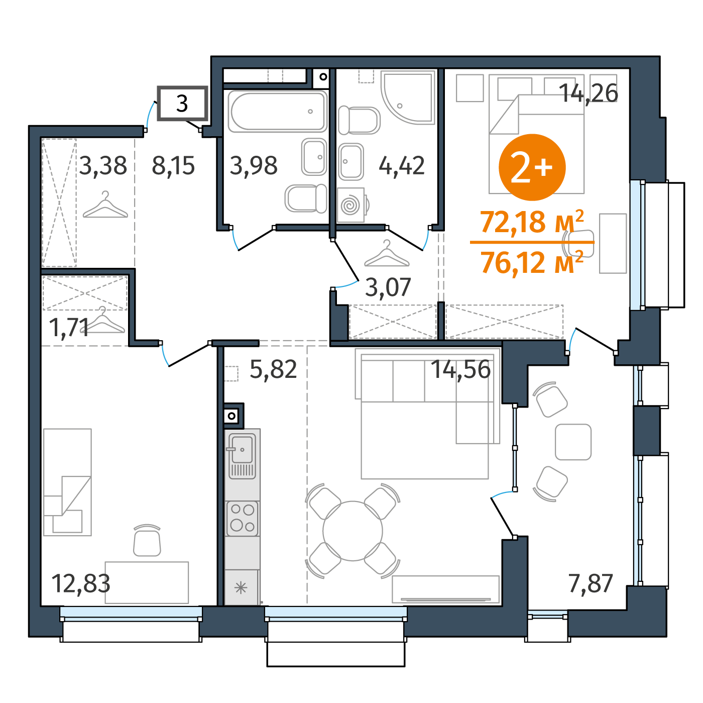 Планировка: Евротрешка 72.2 м² в ЖК Этика, 5-й Заречный