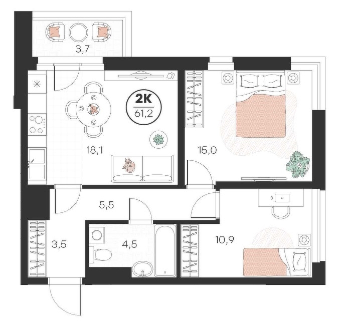 Планировка: Евротрешка 61.2 м² в ЖК Добро, 5-й Заречный