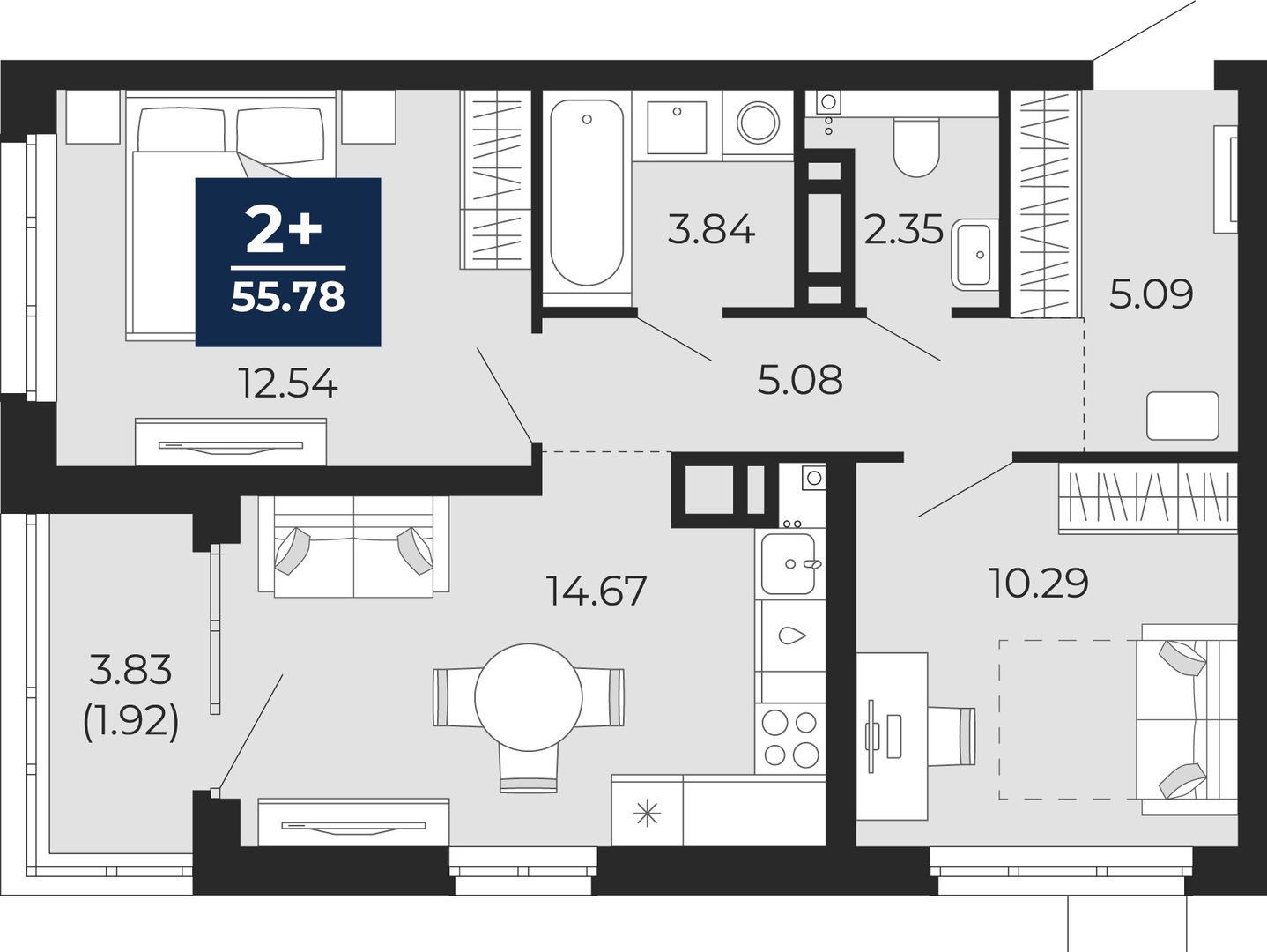 Планировка: Евротрешка 53.9 м² в ЖК Прео, Тюменская слобода
