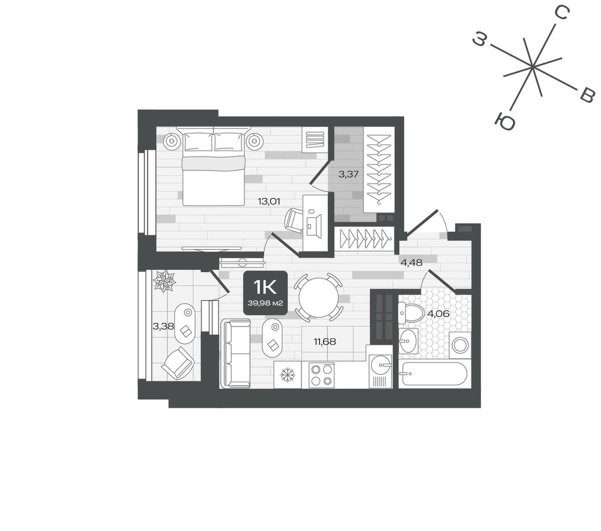 Планировка: 1-комнатная 40 м² в ЖК Дабл-Дабл, От Слободы до Комарово парк