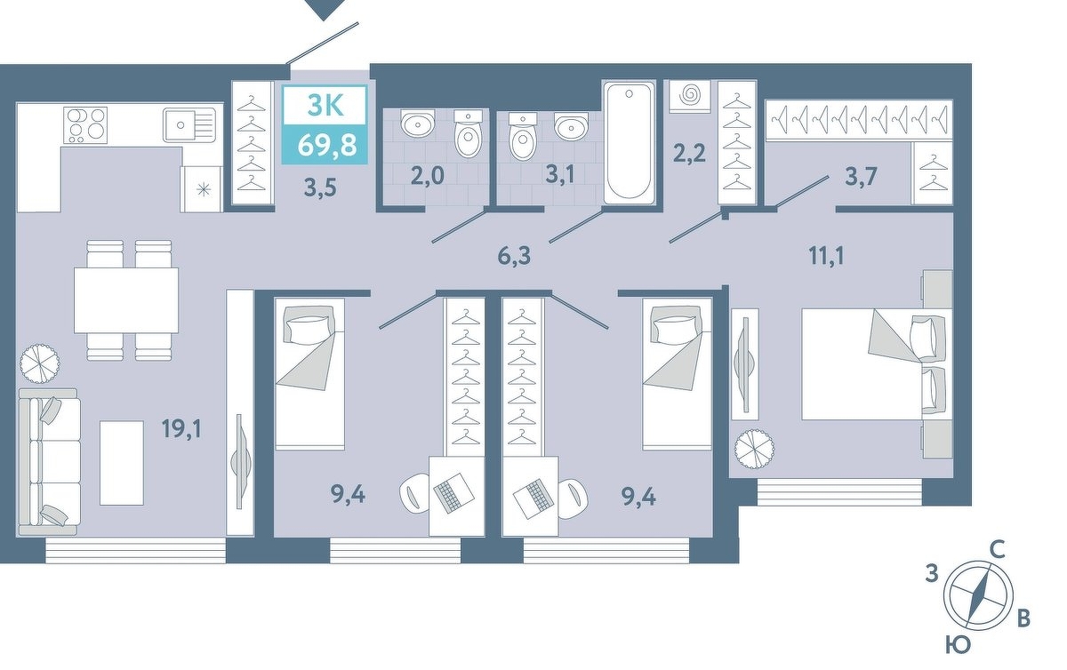 Планировка: 4-комнатная евро 69.8 м² в ЖК AIRIS, Комарово Парк