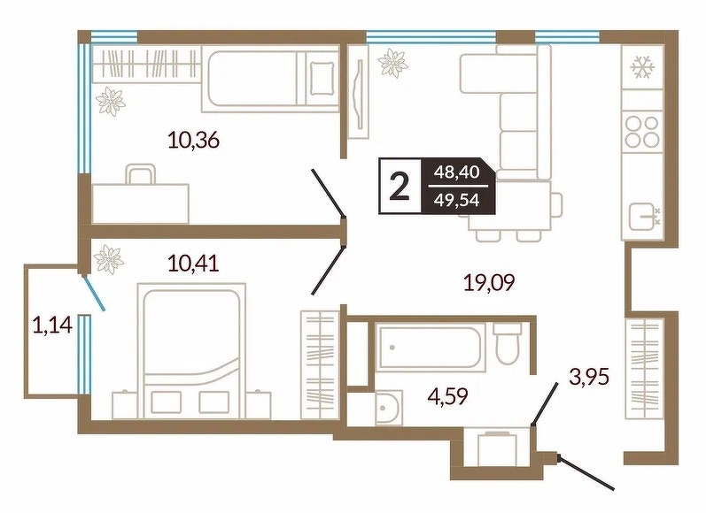 Планировка: Евротрешка 49.5 м² в ЖК Концепт, От Слободы до Комарово парк