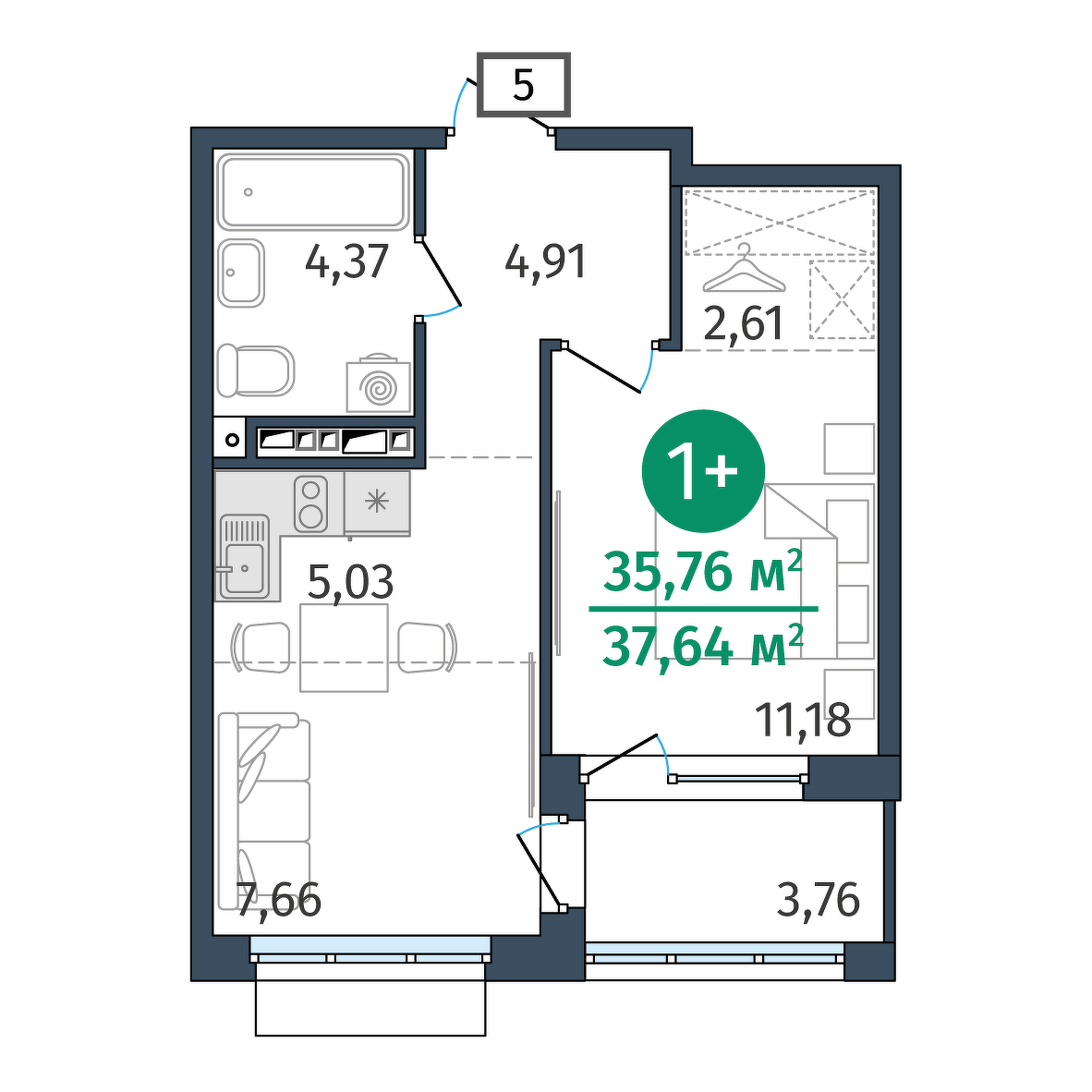 Планировка: 1-комнатная 35.8 м² в ЖК Этика, 5-й Заречный