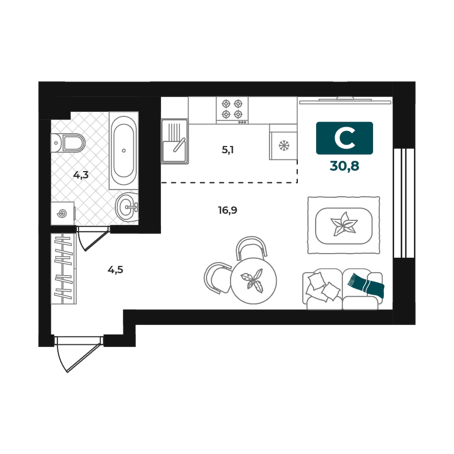 Планировка: Студия 30.8 м² в ЖК Добро, 5-й Заречный