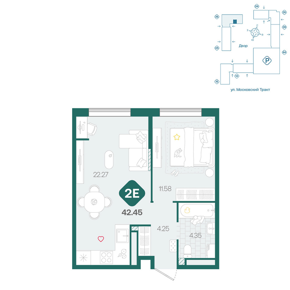 Планировка: Евродвушка 42.5 м² в ЖК Сибирский, Московский тракт