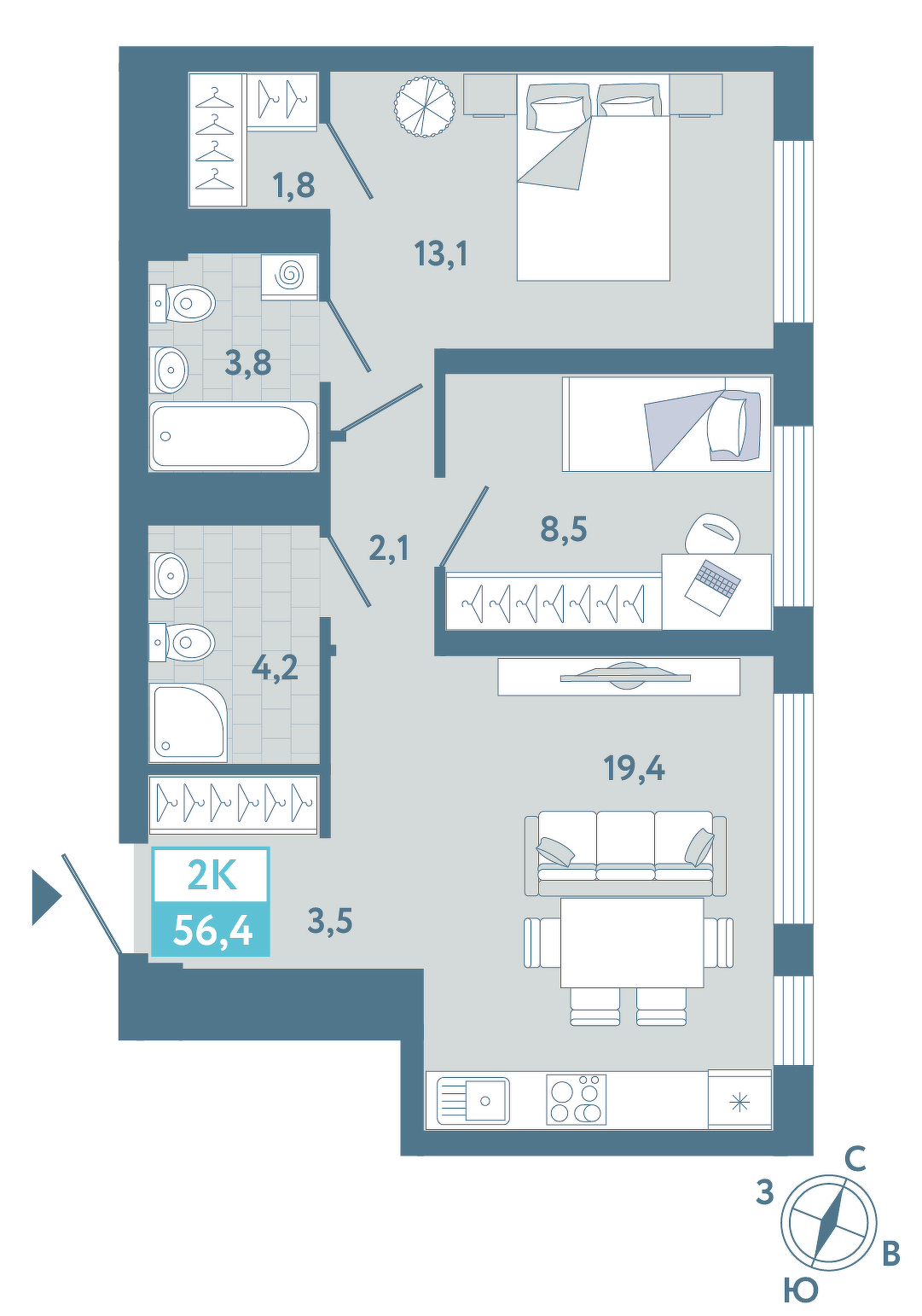 Планировка: Евротрешка 56.4 м² в ЖК AIRIS, Комарово Парк