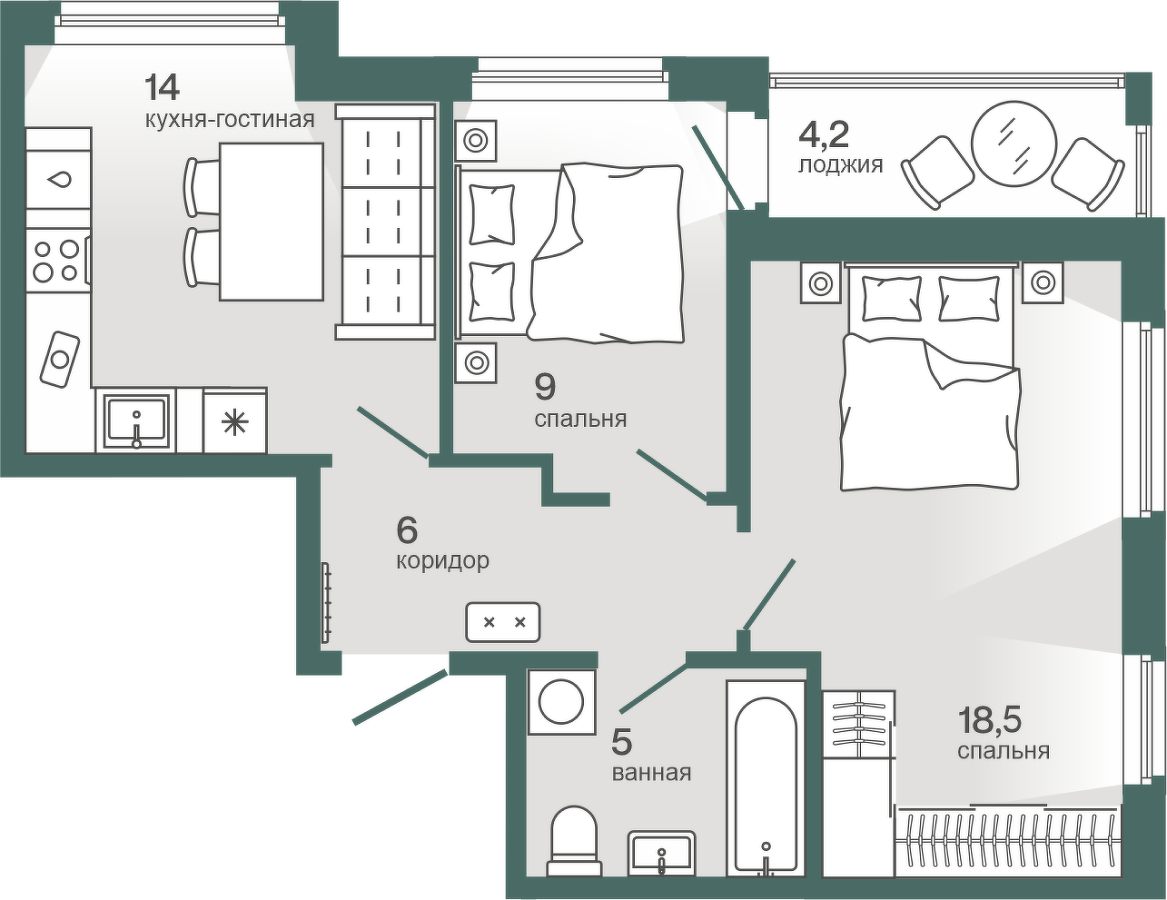 Планировка: Евротрешка 54.6 м² в ЖК Эклипт, Рощино
