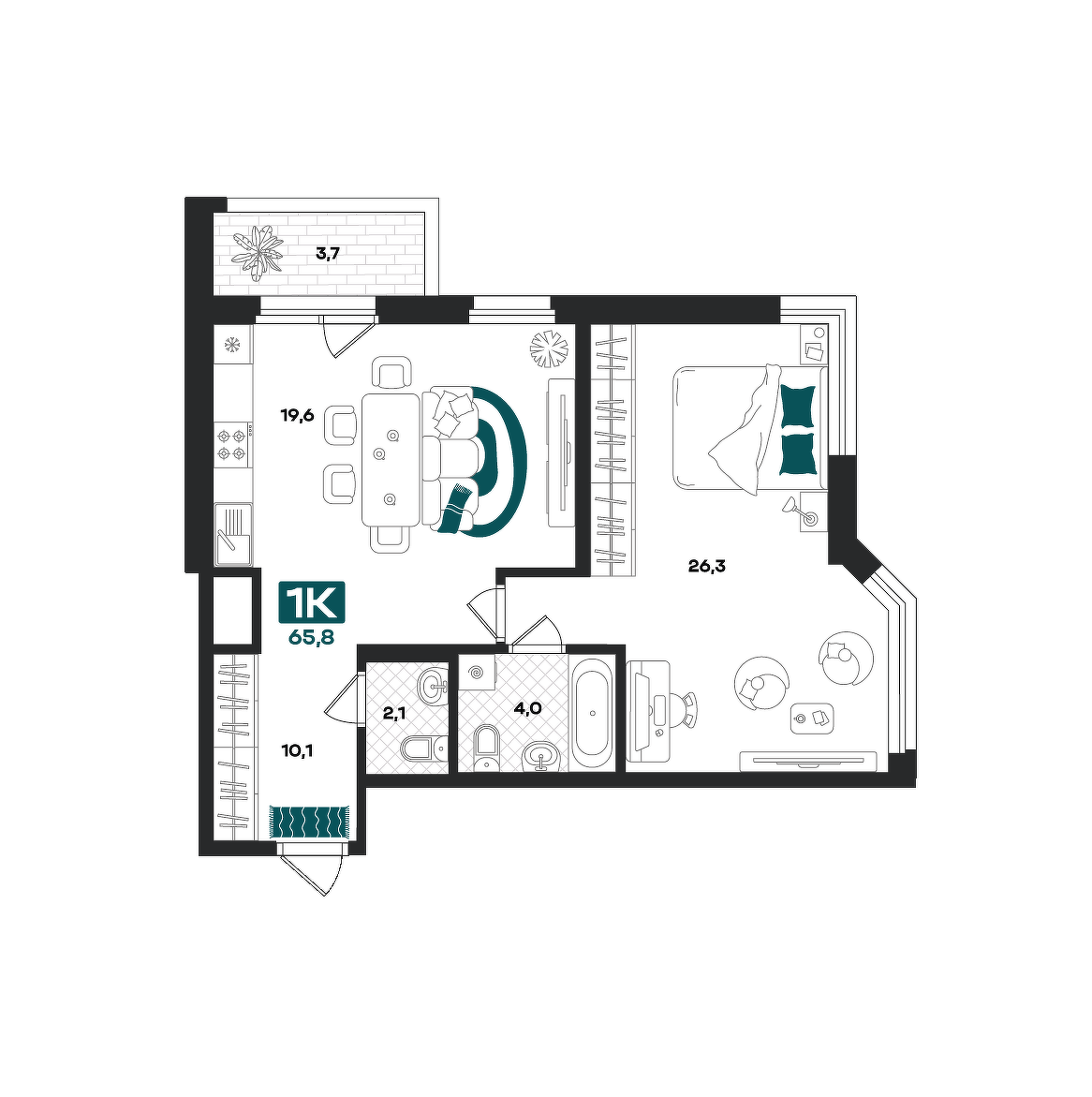 Планировка: Евродвушка 65.8 м² в ЖК Добро, 5-й Заречный