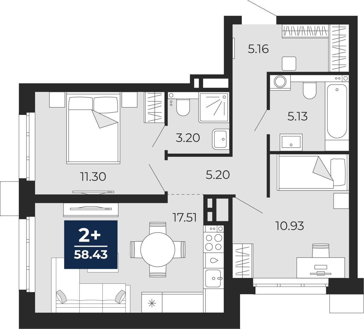 Планировка: Евротрешка 58.4 м² в ЖК Прео, Тюменская слобода
