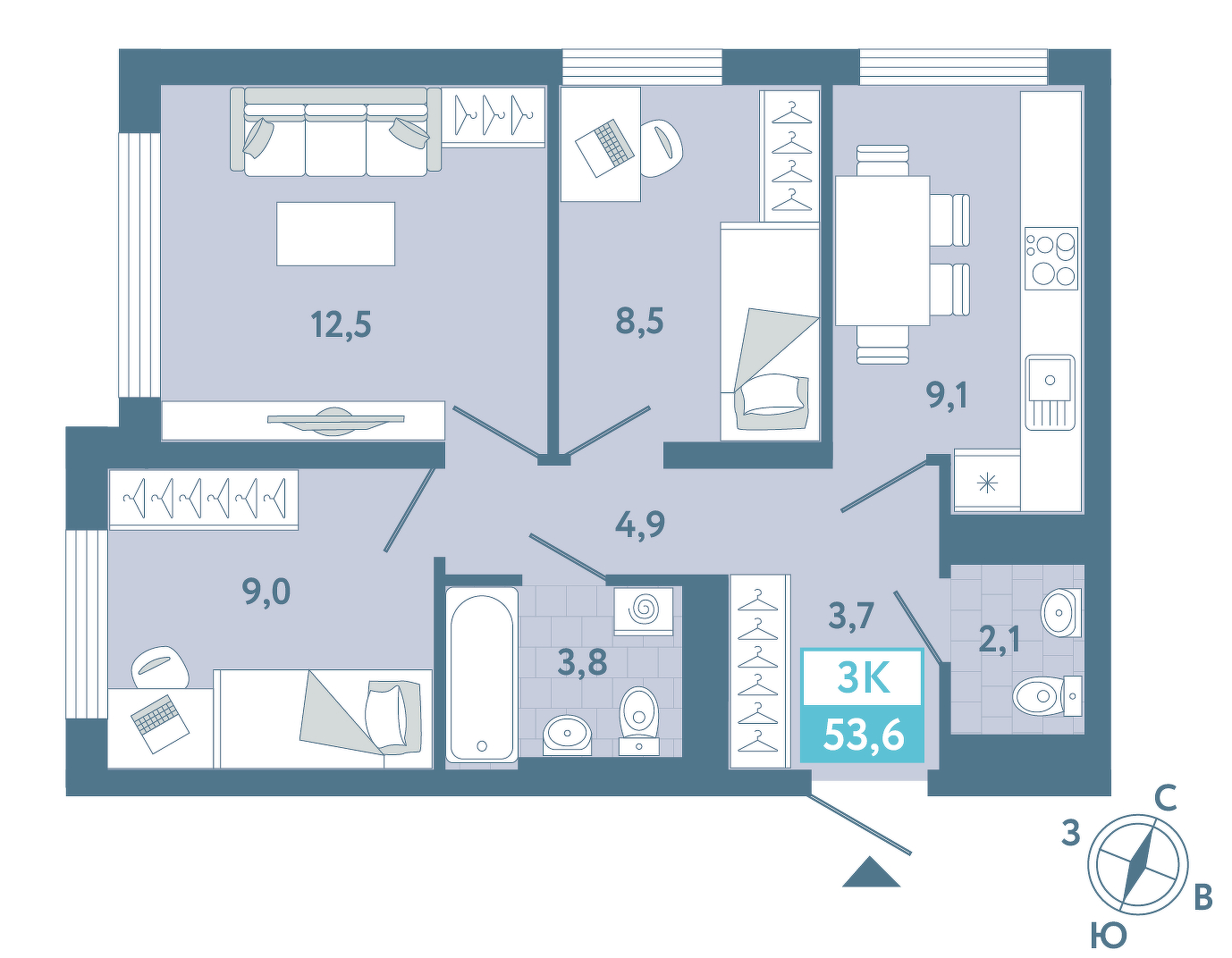 Планировка: Евротрешка 53.8 м² в ЖК AIRIS, Комарово Парк
