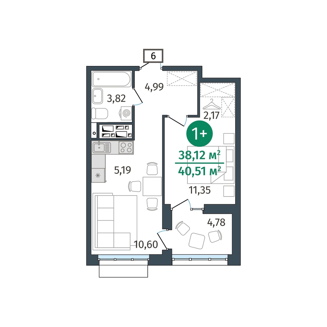 Планировка: Евродвушка 38.1 м² в ЖК Этика, 5-й Заречный