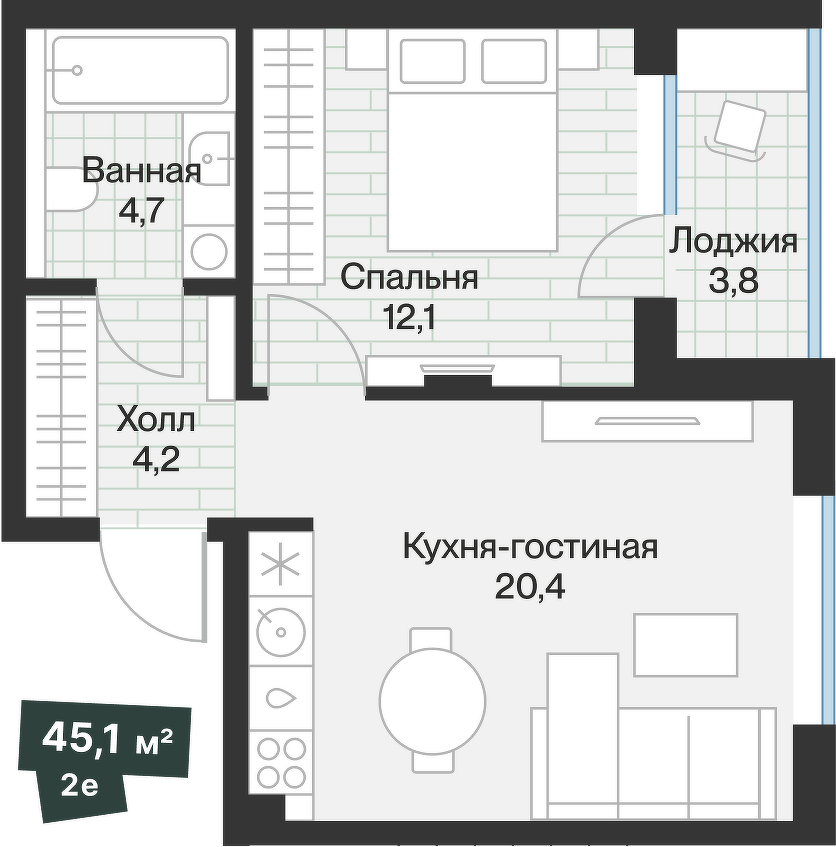 Планировка: Евродвушка 43.2 м² в ЖК Эклипт, Рощино