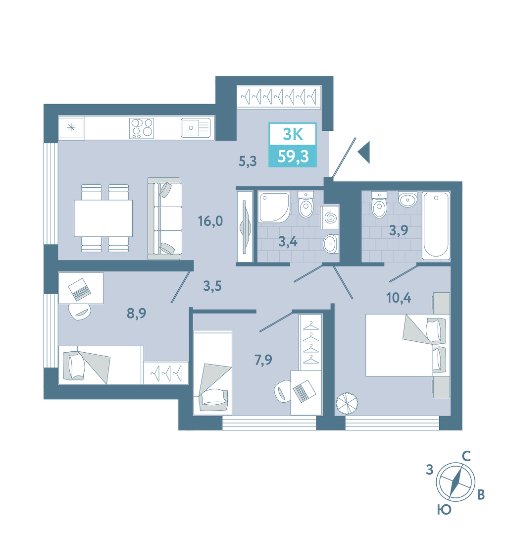 Планировка: 3-комнатная 59.4 м² в ЖК AIRIS, Комарово Парк