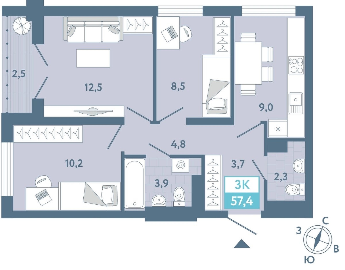 Планировка: Евротрешка 57.7 м² в ЖК AIRIS, Комарово Парк