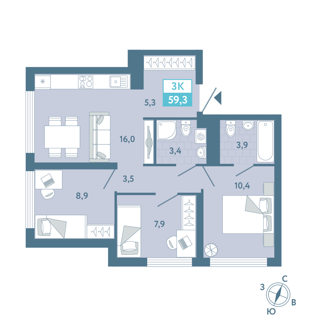 Планировка: 3-комнатная 59.4 м² в ЖК AIRIS, Комарово Парк