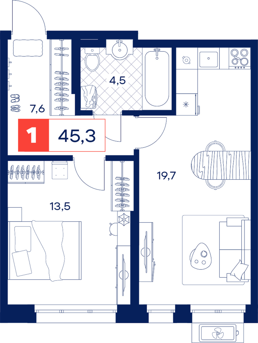 Планировка: Евродвушка 45.3 м² в ЖК Дом Нойферта, Южный