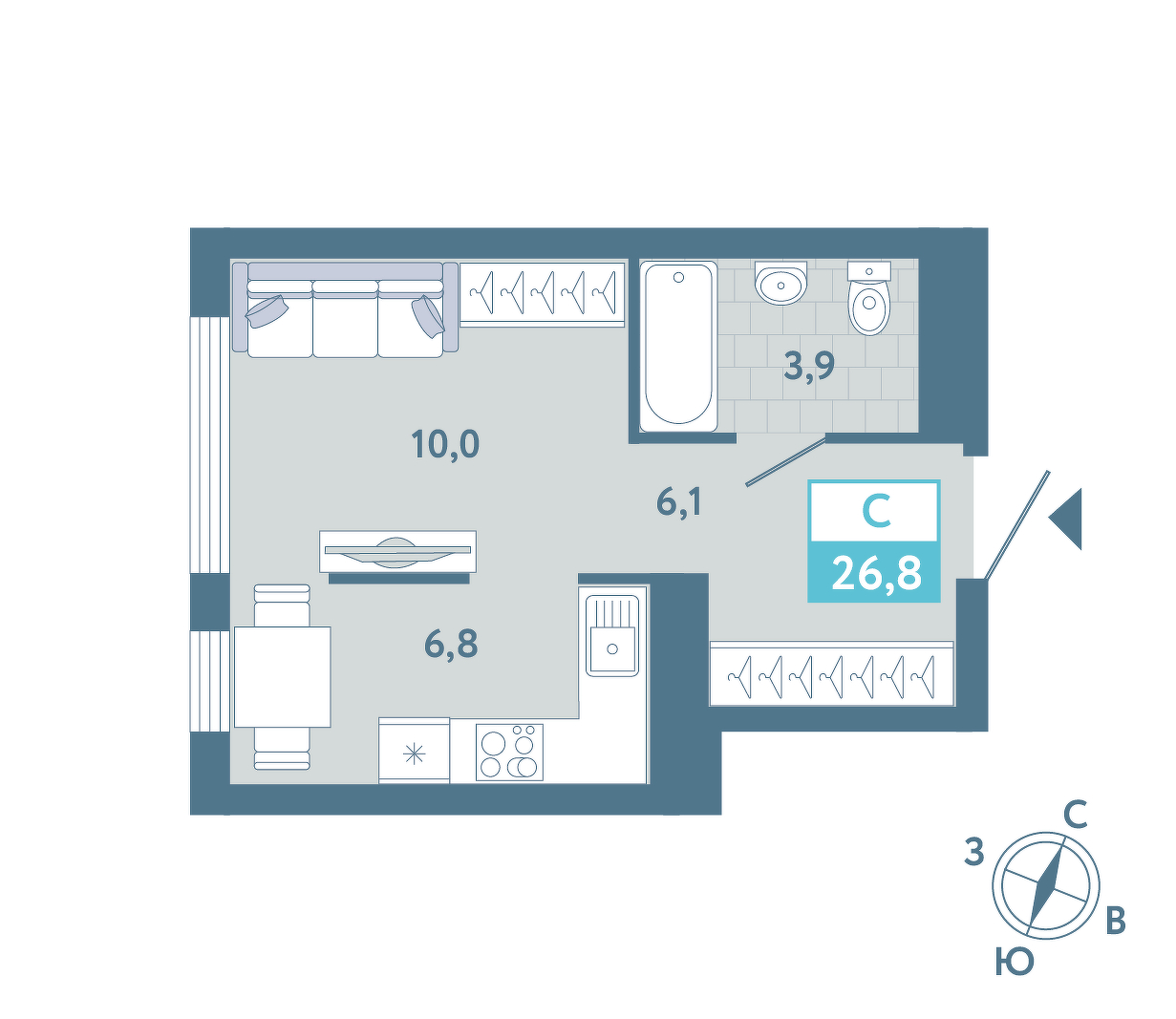 Планировка: Студия 26.8 м² в ЖК AIRIS, Комарово Парк