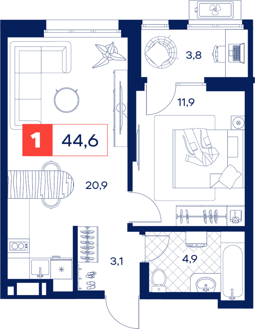 Планировка: Евродвушка 44.6 м² в ЖК Дом Нойферта, Южный