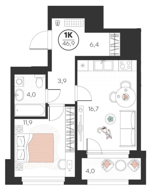 Планировка: Евродвушка 46.9 м² в ЖК Добро, 5-й Заречный
