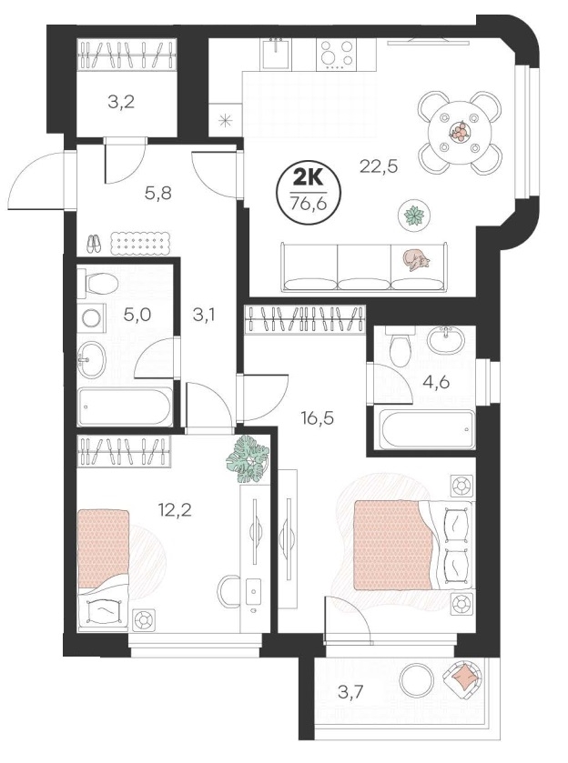 Планировка: Евротрешка 76.6 м² в ЖК Добро, 5-й Заречный