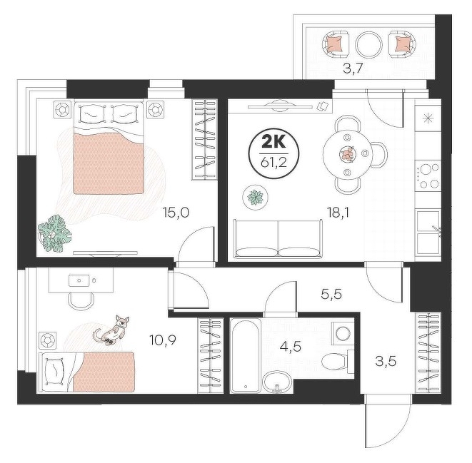 Планировка: Евротрешка 61.2 м² в ЖК Добро, 5-й Заречный
