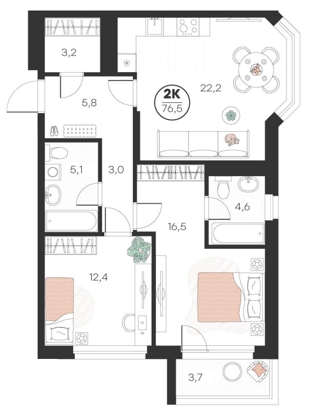 Планировка: Евротрешка 76.5 м² в ЖК Добро, 5-й Заречный
