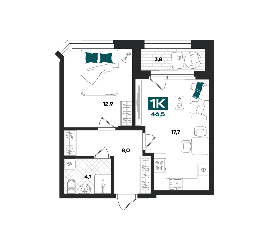 Планировка: Евродвушка 46.5 м² в ЖК Добро, 5-й Заречный