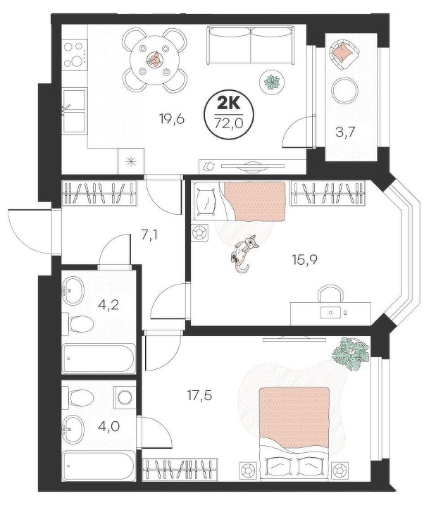 Планировка: Евротрешка 72 м² в ЖК Добро, 5-й Заречный