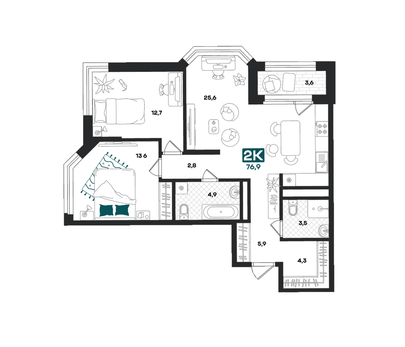Планировка: Евротрешка 76.9 м² в ЖК Добро, 5-й Заречный