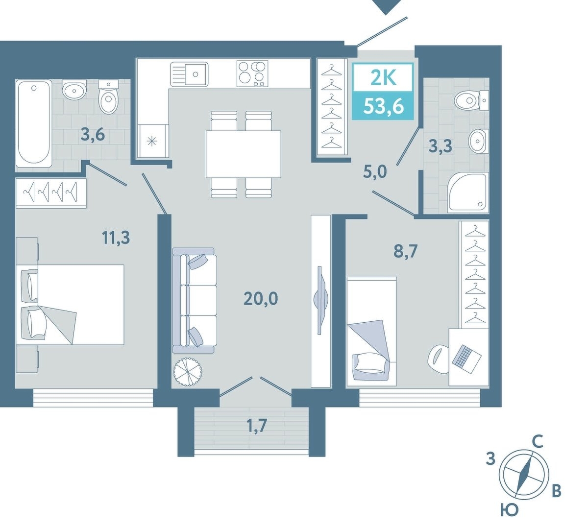 Планировка: Евротрешка 53.6 м² в ЖК AIRIS, Комарово Парк