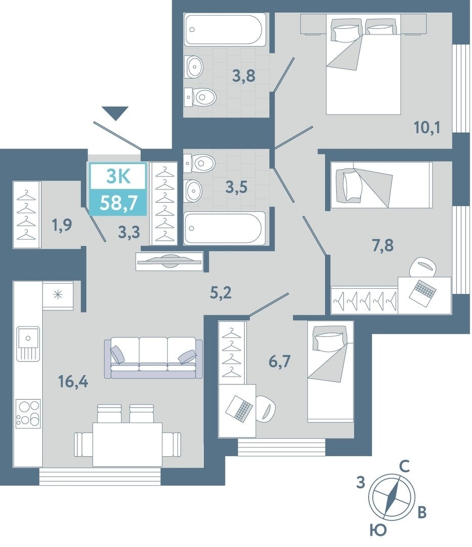 Планировка: Формат уточняется 58.7 м² в ЖК AIRIS, Комарово Парк