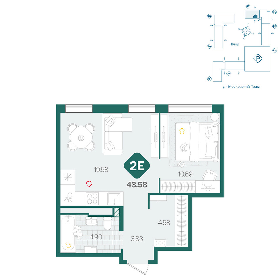 Планировка: Евродвушка 43.6 м² в ЖК Сибирский, Московский тракт