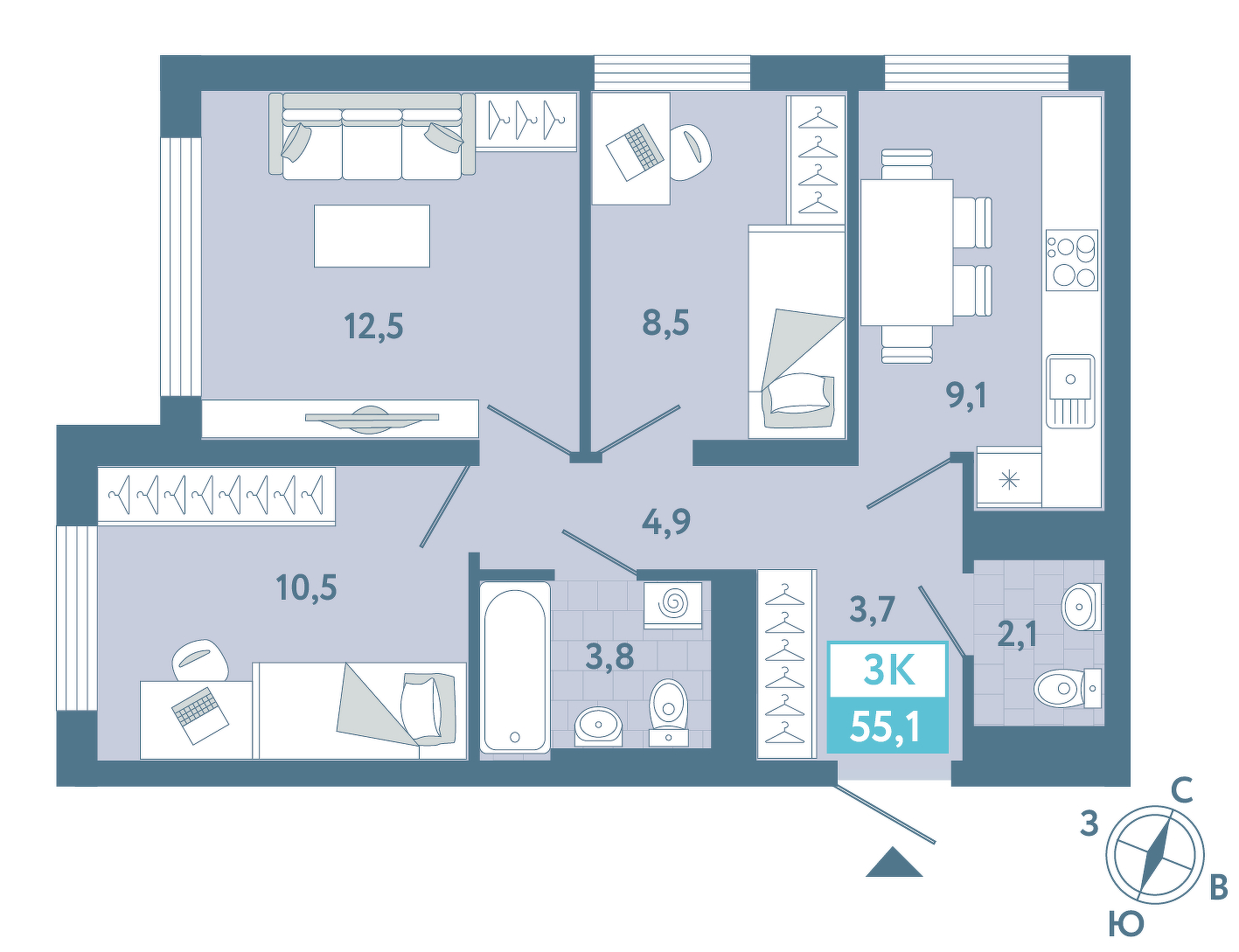 Планировка: 2-комнатная 55.3 м² в ЖК AIRIS, Комарово Парк