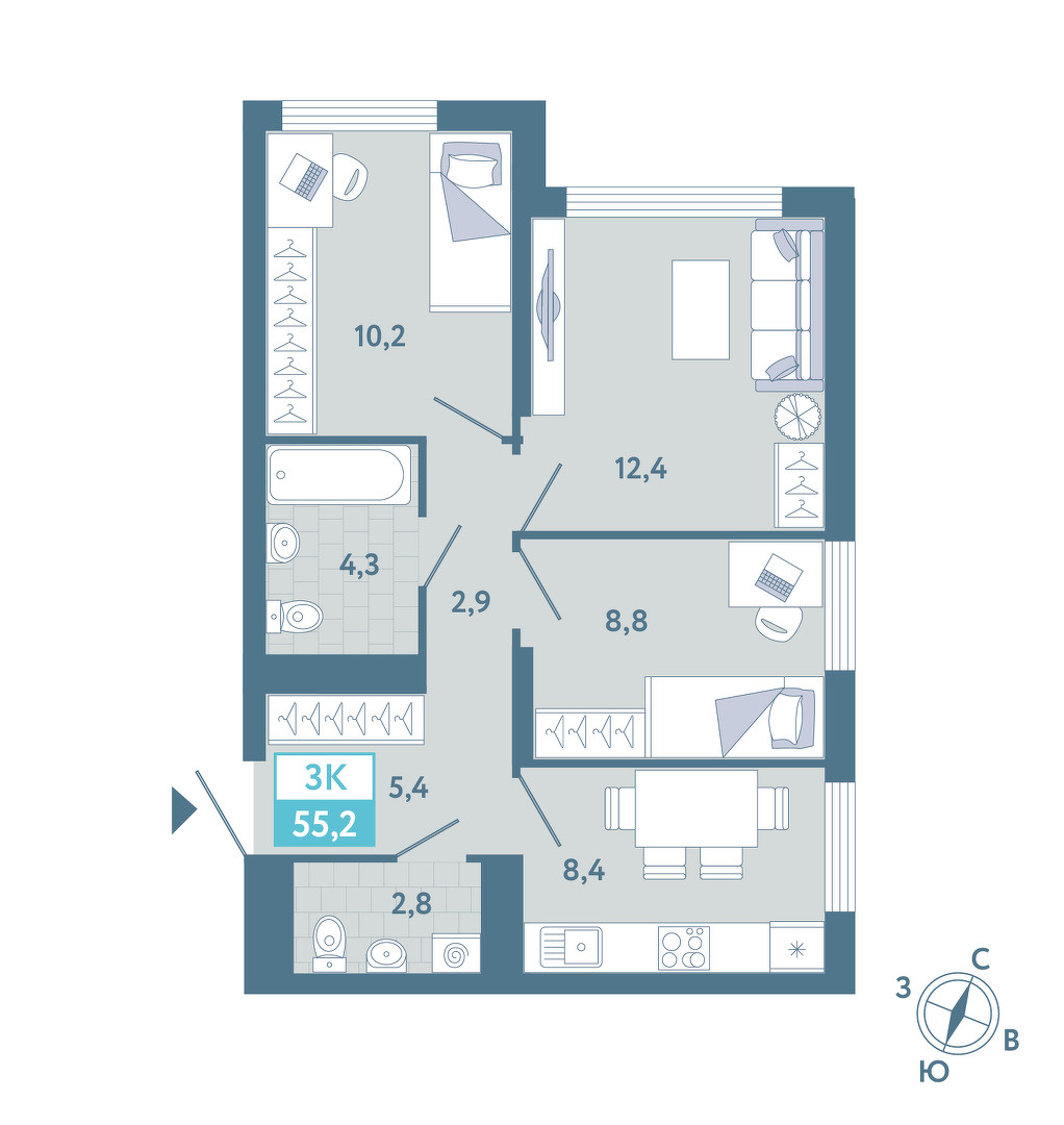 Планировка: 3-комнатная 55.5 м² в ЖК AIRIS, Комарово Парк