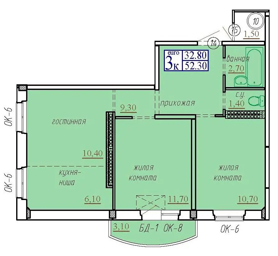 Планировка: 2-комнатная 52.3 м² в ЖК Тура-2, Лесобаза