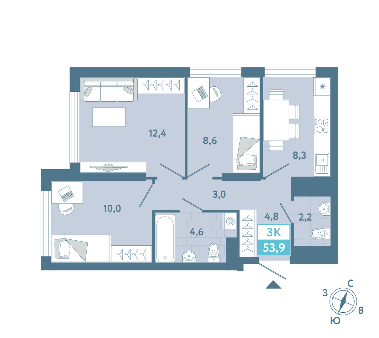Планировка: 2-комнатная 53.9 м² в ЖК AIRIS, Комарово Парк