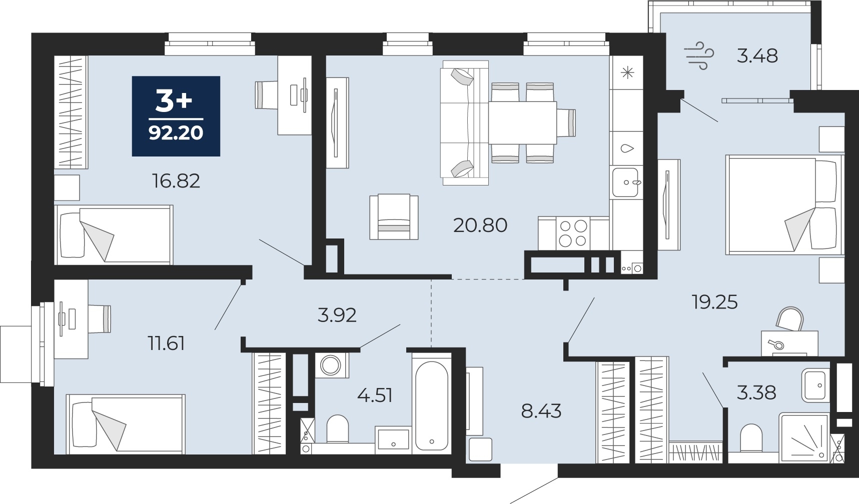 Планировка: 4-комнатная евро 88.7 м² в ЖК Прео, Тюменская слобода