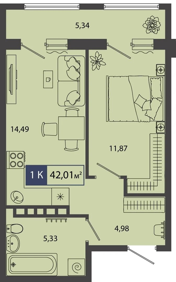 Планировка: Евродвушка 42 м² в ЖК Смородина, Мелиораторов