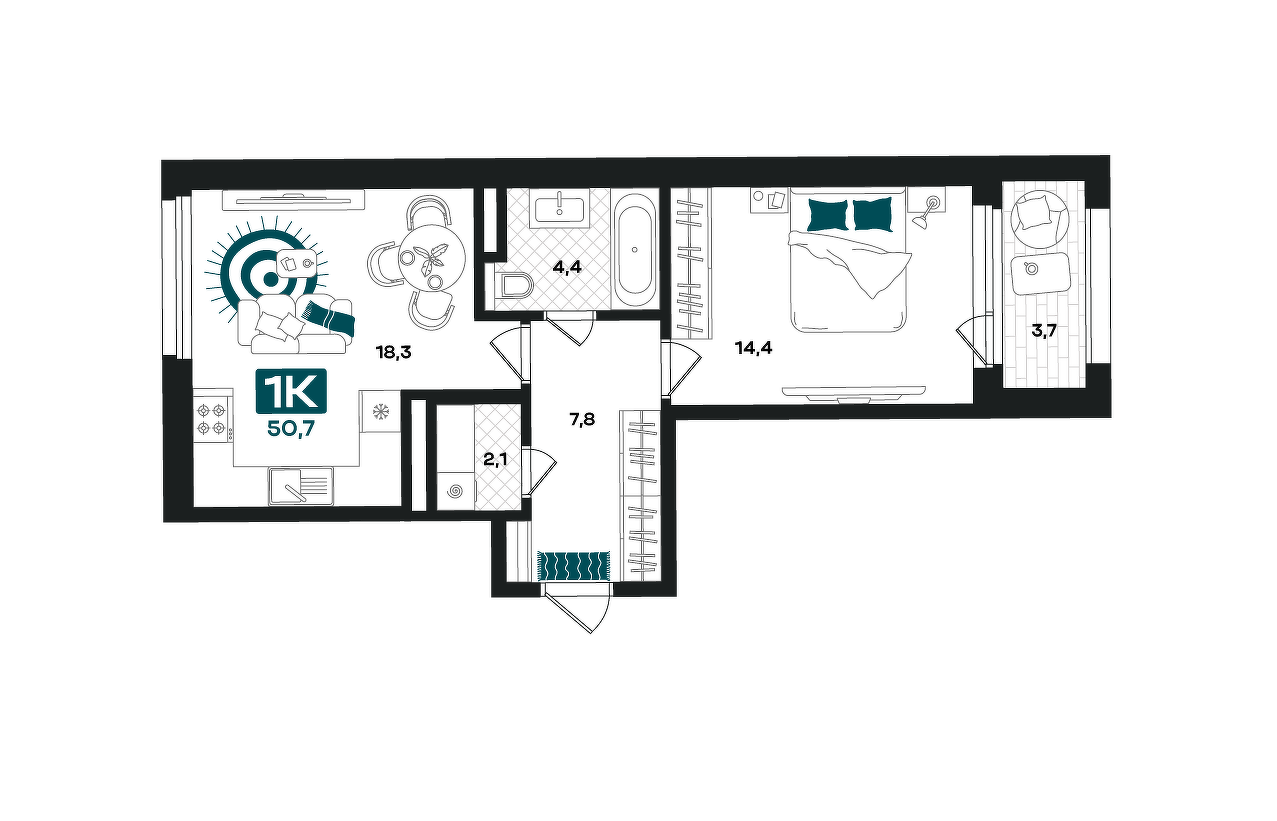 Планировка: Евродвушка 50.7 м² в ЖК Добро, 5-й Заречный