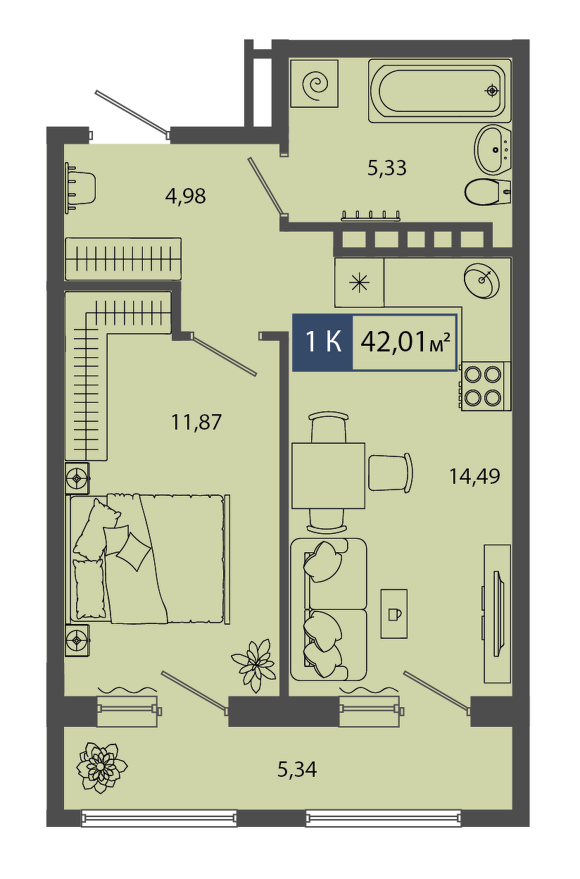 Планировка: Евродвушка 42 м² в ЖК Смородина, Мелиораторов