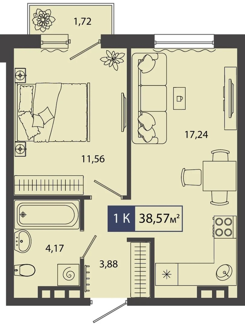 Планировка: Евродвушка 38.6 м² в ЖК Смородина, Мелиораторов